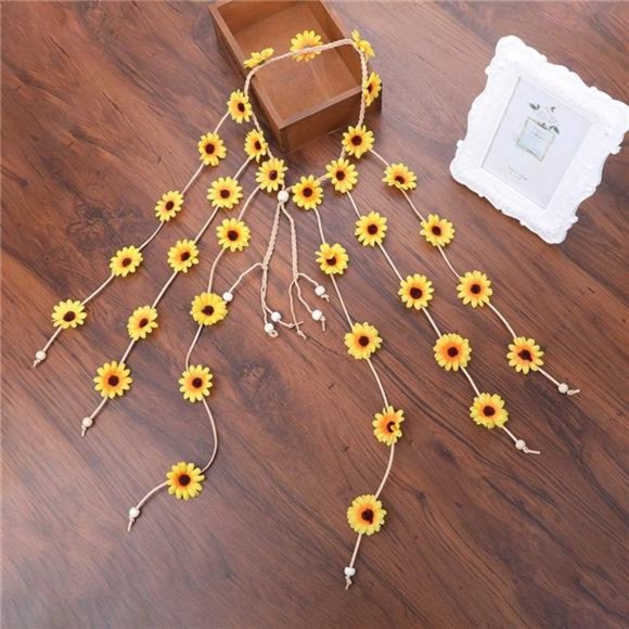 Flower Hippie Headband Floral Crown Behemain Sunflowers Beads Adjust Headdress - Picture 4 of 7